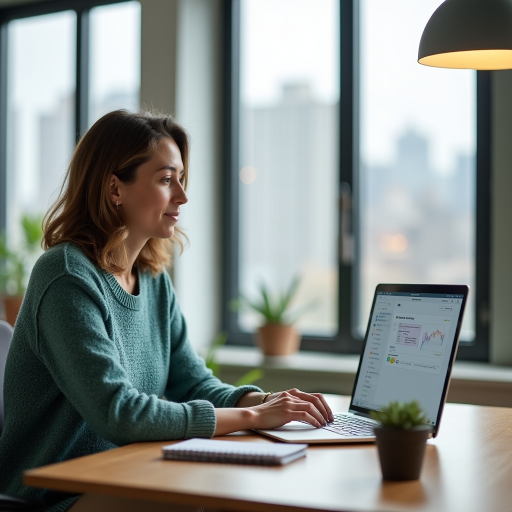 Dienstleisterin arbeitet an einem Laptop mit einer übersichtlichen CRM-Oberfläche im modernen Büro